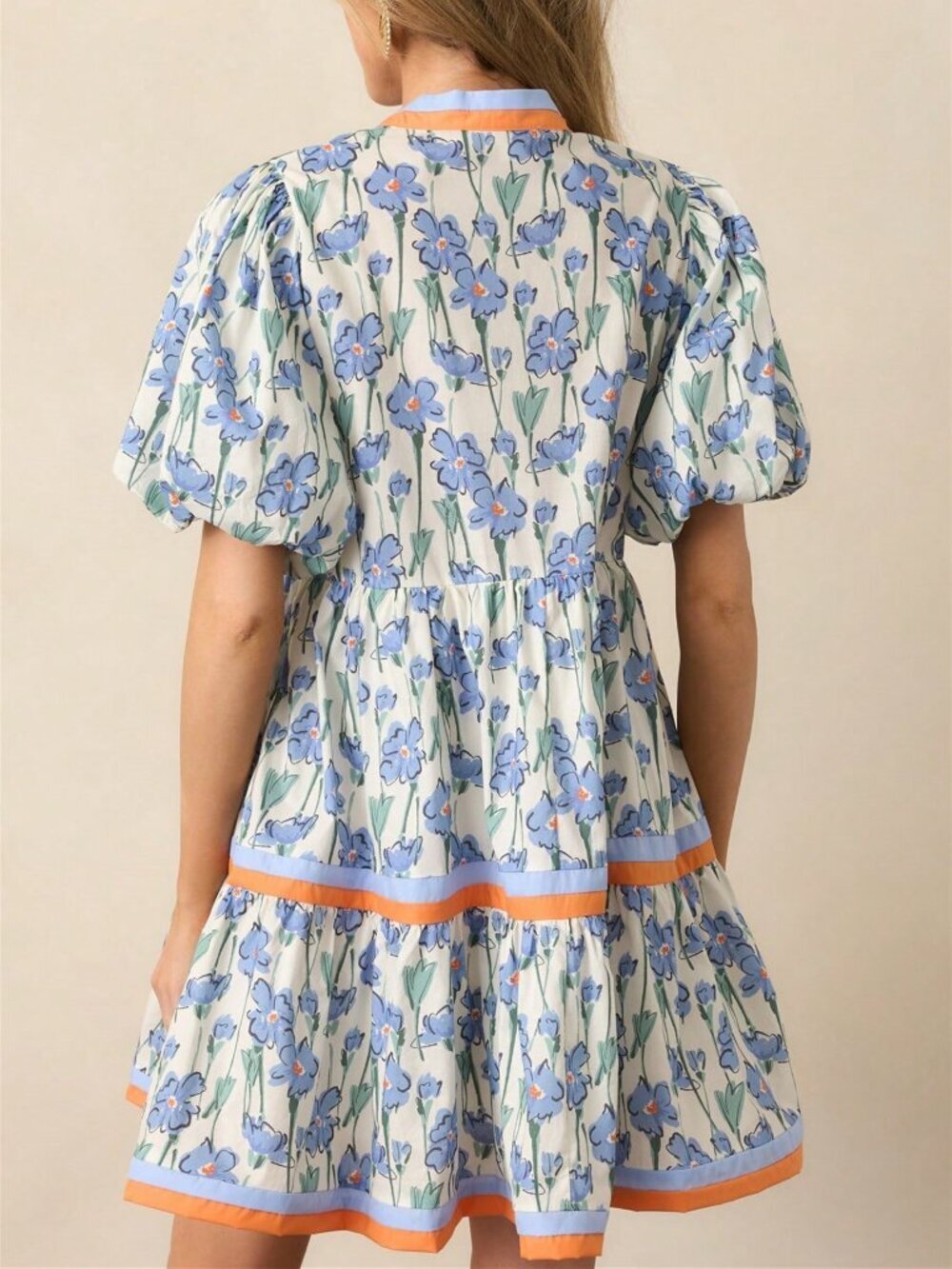 Baby Blue Cute Women's V Neck Puff Sleeve Mini Dress - Picture 2 of 4